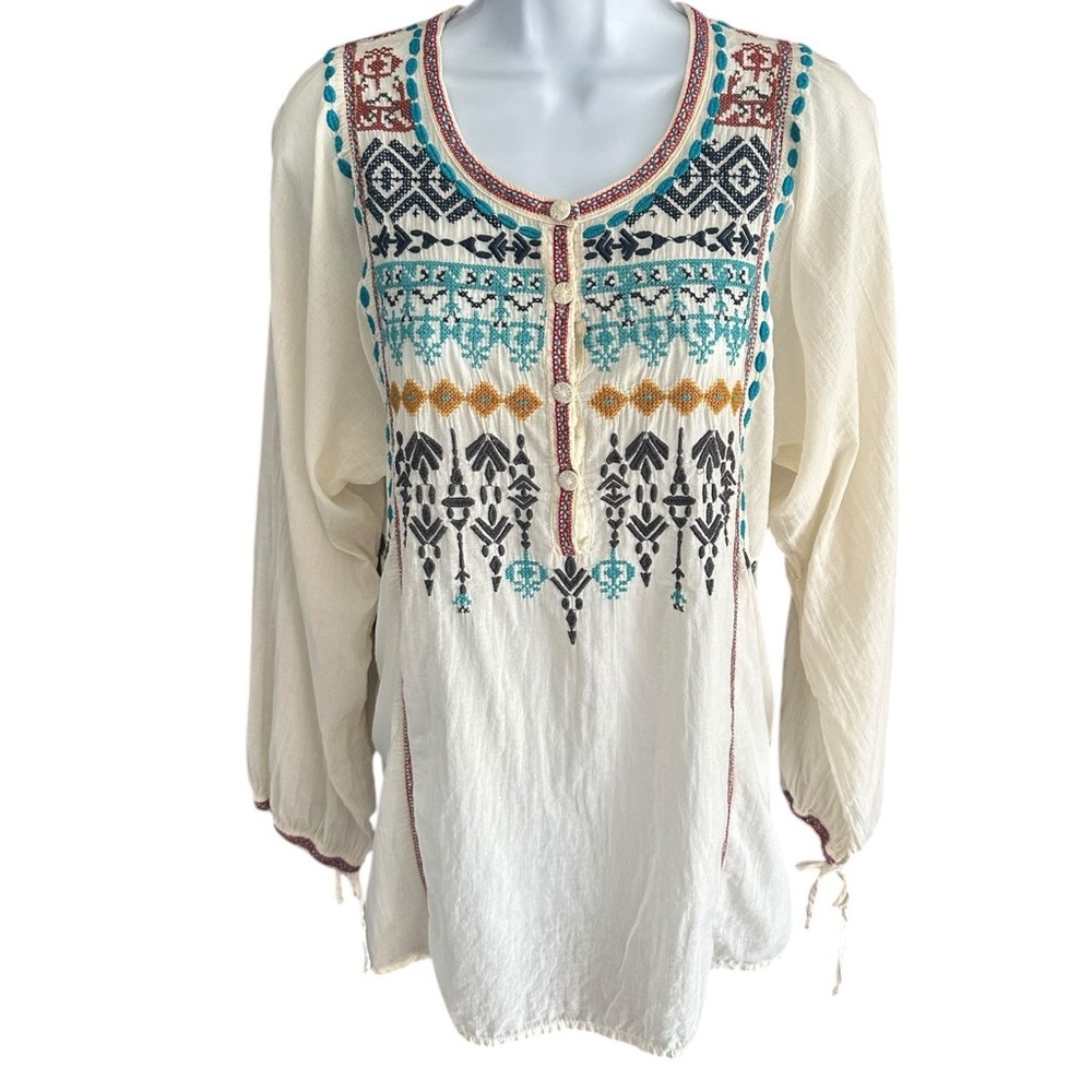 Johnny Was Biya | Boho Embroidered Turquoise and Gold Tunic Sz M EUC